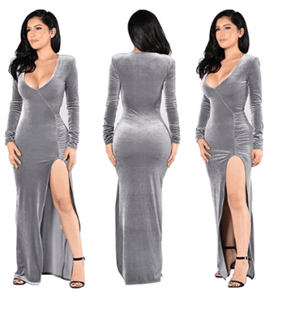 grey_velvet_v_neck_side_slit_long_sleeve_sexy_dress